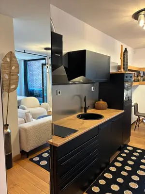 a kitchen with a sink and a living room at Sofia Rooftop Red Apple in Sofia