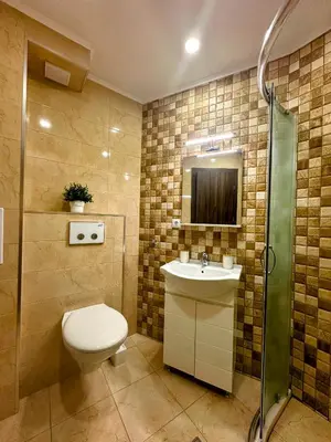 a bathroom with a toilet and a sink and a shower at Grace Appartament in Plovdiv