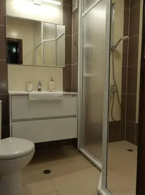 a bathroom with a shower and a toilet and a sink at Family Suite in Sofia
