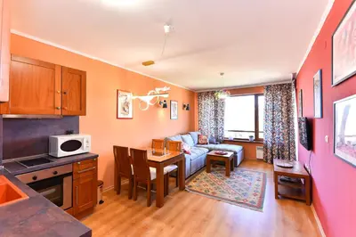 a kitchen and living room with a couch and a table at Cedar Lodge III - One BDRM Flat B18 in Bansko