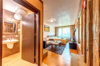 a bathroom with a sink and a living room at Cozy and Stylish Studio in Forest Glade by Flat Manаger in Pamporovo