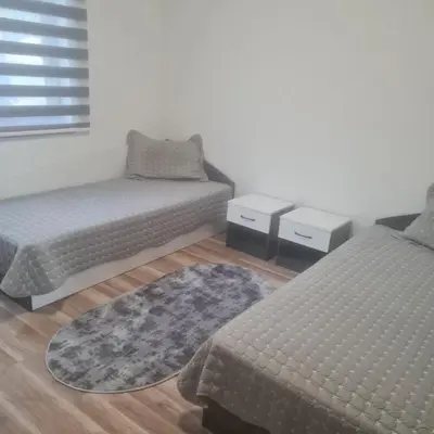 a bedroom with two beds and a rug at Вила Хадживезула in Yokoruda