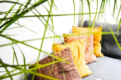a group of pillows sitting on a couch next to a plant at 1BDR Quiet Str Vitoshka Area AC in Sofia