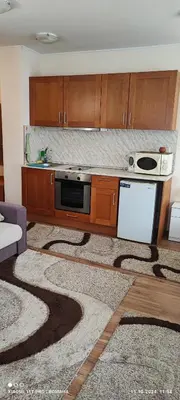 a kitchen with wooden cabinets and a white appliance at Gondola area, Cedar Lodge 4, apart D30, Bansko in Bansko