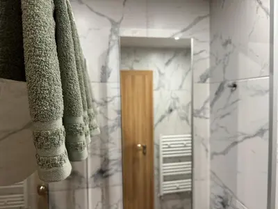 a bathroom with a towel hanging on a wall at Borovets Gardens Chill Hill Studio by Joro in Borovets