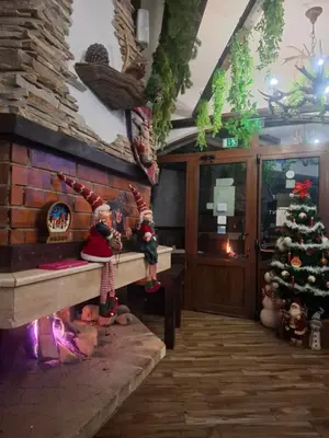 a christmas room with a fireplace and a christmas tree at Horlog Castle in Trigrad