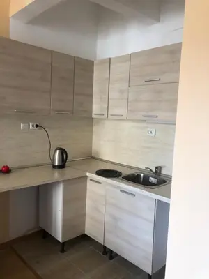 a kitchen with wooden cabinets and a sink at City Flat Riverside Maritza in Plovdiv
