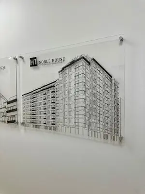 a drawing of a large building on a wall at Noble House Comfort Place in Sofia