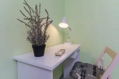 a desk with a potted plant and a lamp at 1-bedroom City Center secret gem in Plovdiv