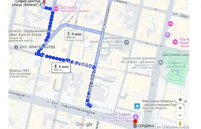 a map of google maps with blue dots at TOP Center, basement fl, 7 beds, 10min from Serdica in Sofia