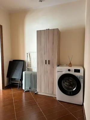 a washing machine in a room with a wooden cabinet at Cozy Mountain Apartment in Bansko