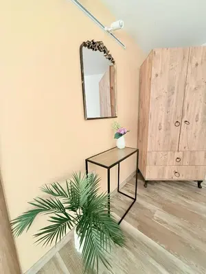 a room with a table and a mirror and a plant at Center Apartments The Quiet Luxury 6 in Plovdiv