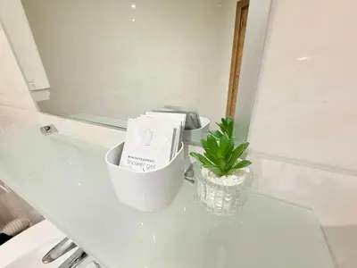 a plant sitting on a counter in a bathroom at Center Apartments The Quiet Luxury 6 in Plovdiv