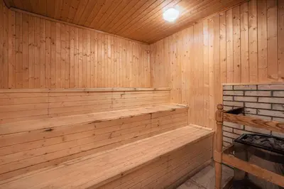a wooden sauna with a wood paneled wall at Balneocomplex Kamena in Velingrad