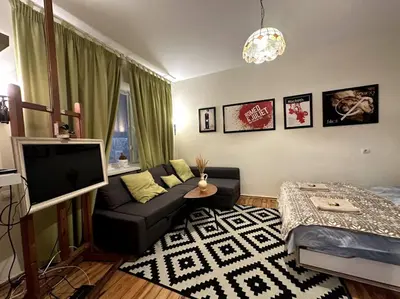a living room with a couch and a tv at Cultural Retreat in Sofia in Sofia