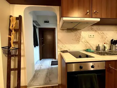 a kitchen with a sink and a counter top at Cultural Retreat in Sofia in Sofia