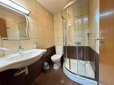a bathroom with a sink and a toilet and a shower at 