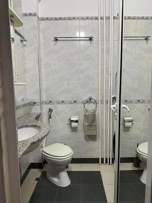 a white bathroom with a toilet and a sink at Venelin Apartment in Sofia
