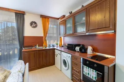 a kitchen with wooden cabinets and a washer and dryer at Pirin Golf & Country Club Apartment in Bansko