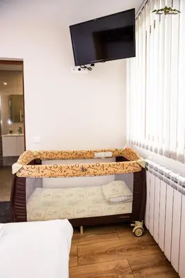 a room with two beds and a flat screen tv at Villa Malevitsa Вила Малевица in Relyovo