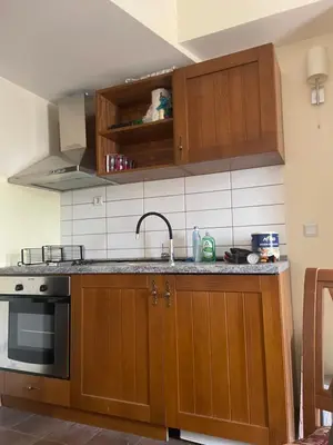 a kitchen with wooden cabinets and a sink at English Apartments in Bansko