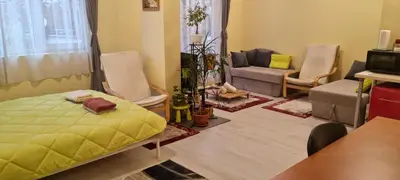 a living room with a bed and chairs and a couch at Peaceful studio in the city center, close to subway, Medical University in Sofia