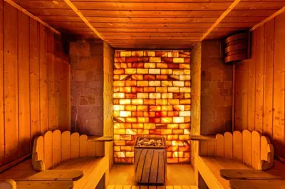 an empty sauna with two chairs and a fireplace at South Mountain Apartment in Razlog