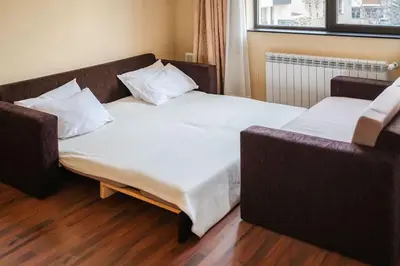 a bedroom with two beds and a couch at Apartment Dream Bansko- 5 min walk to Gondola in Blagoevgrad