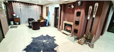 a living room with a fireplace and a christmas tree on the floor at Dream apart-hotel, duplex apartment in Bansko