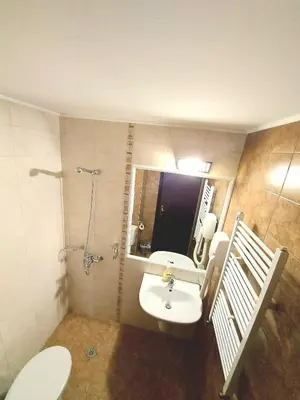 a bathroom with a sink and a toilet and a mirror at Dream apart-hotel, duplex apartment in Bansko