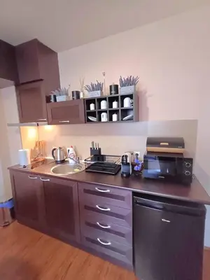 a kitchen with a counter with a sink and a microwave at Apartment Melania in Complex Royal Towers in Bansko