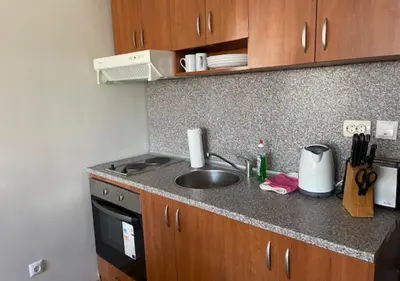 a kitchen counter with a sink and a stove at Amber - Mountain Escape with free Bottle of good Wine in Bansko