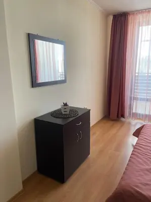 a bedroom with a black dresser and a mirror at Чудесно място за нощувки в Пампорово in Pamporovo