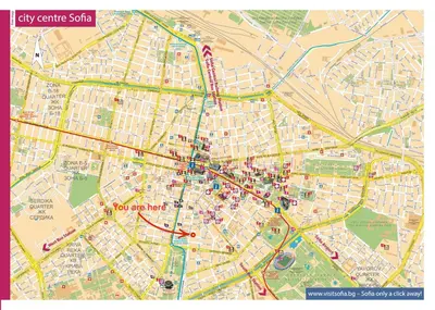 a map of a city centre with colored roads at Central Luxury Cozy Modern Apartment in Sofia