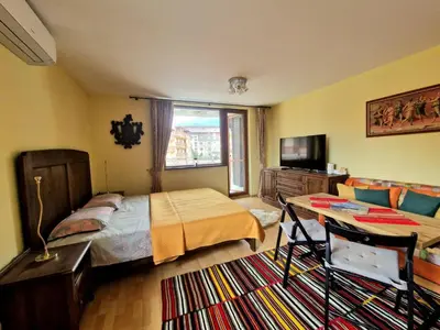 a bedroom with a bed and a desk and a television at Mountain View Home Maggie in Bansko