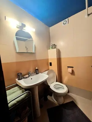a bathroom with a white toilet and a sink at Mountain View Home Maggie in Bansko
