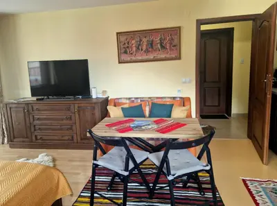 a living room with a table and a tv at Mountain View Home Maggie in Bansko