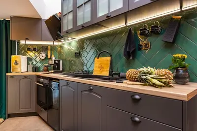 a kitchen with a counter with pineapples on it at Casa di Marko Stylish apt in the Center in Plovdiv