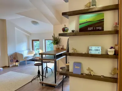 a living room with a television on a wall at Studio Béni in Smolyan