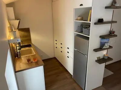 a small kitchen with a refrigerator and a sink at Studio Béni in Smolyan