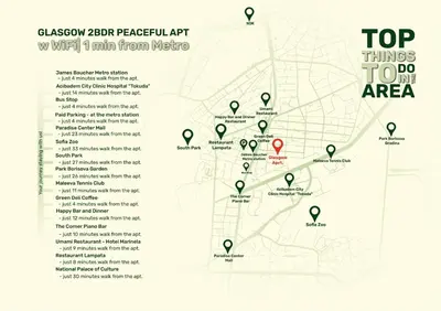 a map of the top things to do in the area at Glasgow 2BDR peaceful Apt 1 min from Metro w WiFi in Sofia