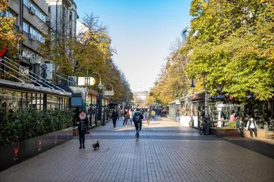 a person walking a dog on a sidewalk in a city at Sofia Center - Vitoshka apartment in Sofia