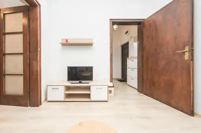 a living room with a tv and a wooden door at Sofia Center - Vitoshka apartment in Sofia
