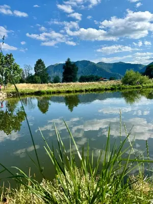 a view of a lake with mountains in the background at Хубавото място - Ski & Relax next to Pamporovo in Smolyan