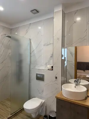 a bathroom with a toilet and a sink at Апартамент с двор Дива in Samokov