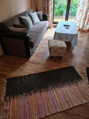 a living room with a couch and a rug at South Park apartment free parking near Tokuda in Sofia