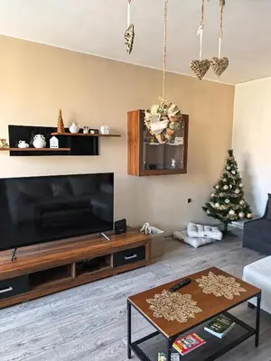 a living room with a television and a christmas tree at Megan apartment Sofia Mall center in Sofia