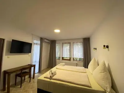 a bedroom with a bed and a desk and a television at D Villa in Mineralni Bani