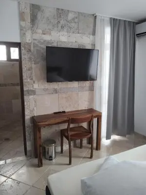 a room with a desk and a television on a wall at D Villa in Mineralni Bani