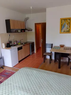 a kitchen and dining room with a table and a kitchen at Студио 36 - Семирамида, Боровец in Borovets